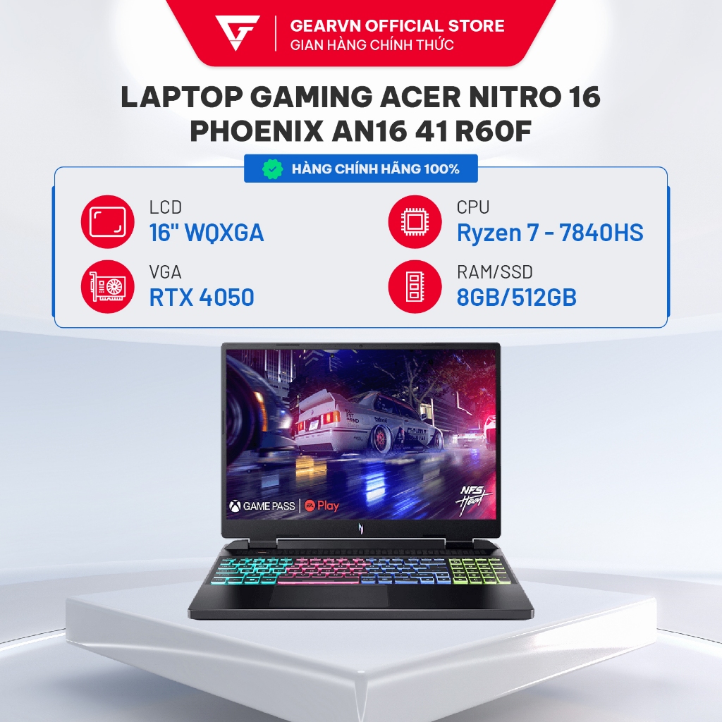 [Tặng Balo] Laptop gaming Acer Nitro 16 Phoenix AN16 41 R60F | AMD Ryzen™ 7 7840HS| 4050