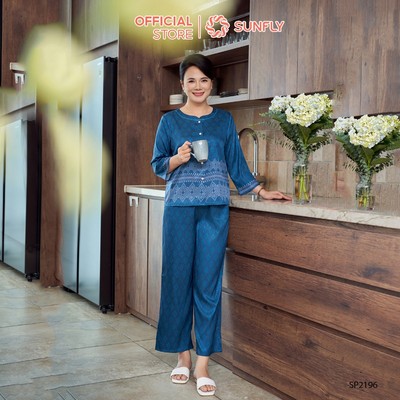 Đồ bộ mặc nhà nữ lụa satin jacquard áo tay lỡ quần dài SP2196