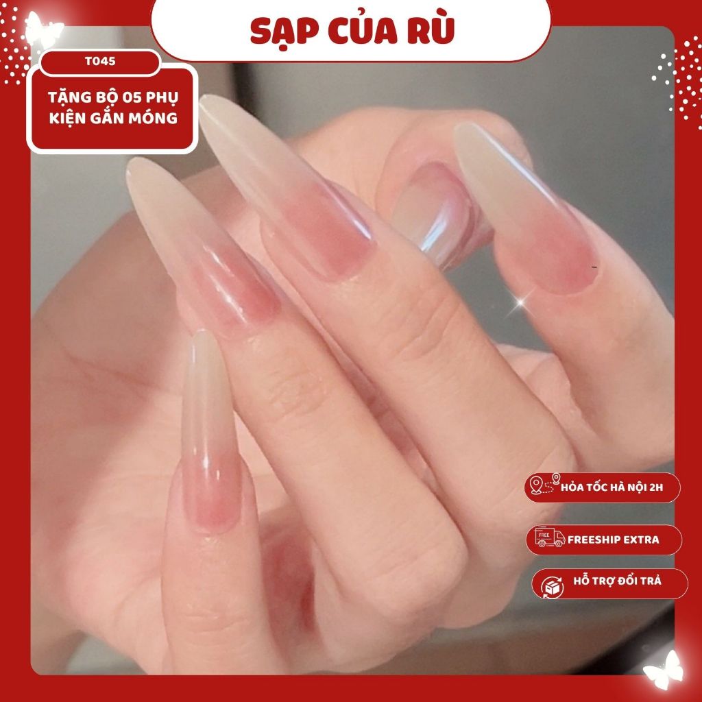   móng Tết 2026  Móng tay giả DÀI bộ 24 móng úp - form hạt gạo hạnh nhân sơn gel thạch nude T045 
