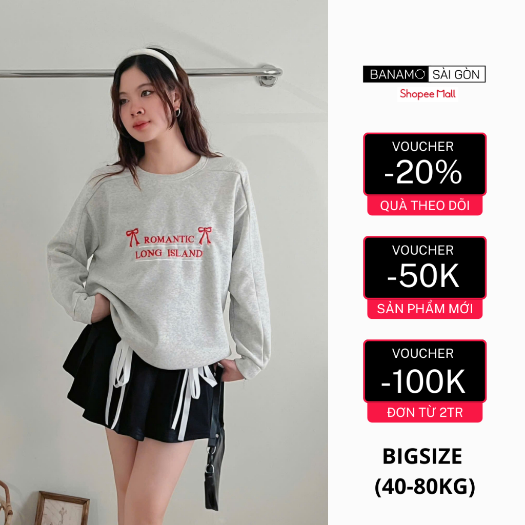Set nữ BIGSIZE Banamo Sài Gòn áo sweater nỉ bông thêu chữ kèm chân váy xếp ly đính nơ thời trang Hàn Quốc 141