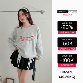 Set nữ BIGSIZE Banamo Sài Gòn áo sweater nỉ bông thêu chữ kèm chân váy xếp ly đính nơ thời trang Hàn Quốc 141