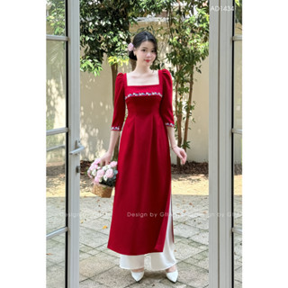 Áo dài cách tân nữ Giian thiết kế cổ vuông phối tay bồng thêu họa tiết hoa thêu vải trượt Hàn AD1434