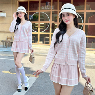 Set áo cardigan len cổ tim dài tay phối chân váy ngắn xếp ly kẻ caro hồng tiểu thư lông thỏ DELIZ