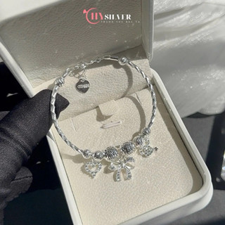 (Tặng nước rửa bạc) Lắc tay bạc nữ CHY SILVER charm nơ tim thiên bga dạng xoắn dày đẹp full box như ảnh bạc thật
