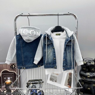 Áo khoác denim bò mũ bé trai DSQ xanh wash loang xước in chữ ICON mũ phối tay mũ nỉ bông xám 14072