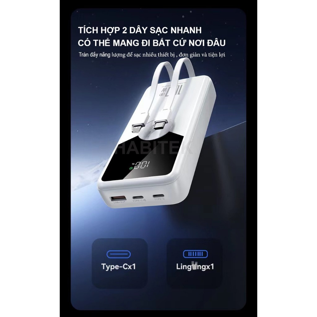 Sạc Dự Phòng 30000mah và 50000mah HABITEK HB92 Sạc Nhanh 100W, Tích Hợp Dây Sạc, Sạc Mọi Loại Máy Điện Thoại, BH 6 Tháng