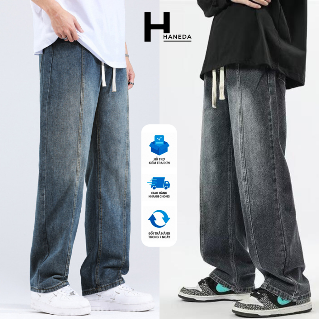 Quần Bò ống suông Nam Nữ, Quần Jeans ống Suông Unisex cạp chun dây rút co dãn thoải mái Avocado