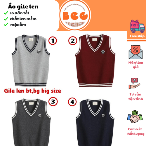 Áo Gile len cho bé trai và gái chất len Dầy dặn phối viền kẻ phong cách Hàn quốc Size đến lớn đại 60kg