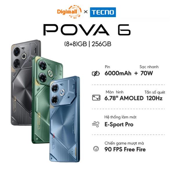 Điện thoại gaming Tecno Pova 6 (8+8)GB/256GB I 6000mAh + 70W I AMOLED 120Hz I 108MP