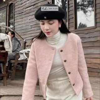 áo khoác dạ tweed nữ dáng ngắn cao cấp cổ tròn hai lớp có túi phối khuy đồng basic sang chảnh Hàn Quốc