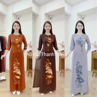 Bộ áo dài lam đi chùa Lụa Tằm Ý cao cấp thêu hoa sen THDC01 màu nâu, xám, gụ - Áo dài Thanh Hằng
