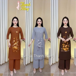Bộ áo dài đi chùa Lụa Tằm Ý cao cấp thêu hoa sen dáng cách tân, Cổ tròn, tay lỡ màu nâu, xám, gụ - AD Thanh Hằng THDC02