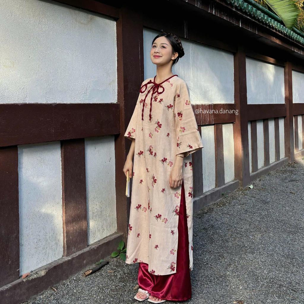 Áo dài cách tân TỬ KỲ nhung chéo cúc bọc phối dây buộc nơ cách điệu kèm quần dài phi bóng HAVANA AD104
