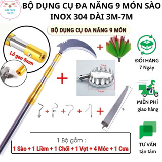 Bộ dụng cụ gậy sào inox hàng loại 1 rút gọn 1m5 đến 9m gồm 9 món ,vợt quả,cưa,liềm cắt cành, 4 móc đa năng,chổi lau trần