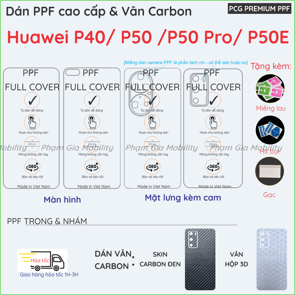 Dán PPF và Skin Carbon Huawei P40/ Huawei P50/ P50 Pro/ P50E loại nhám, bóng dành cho màn hình, mặt 