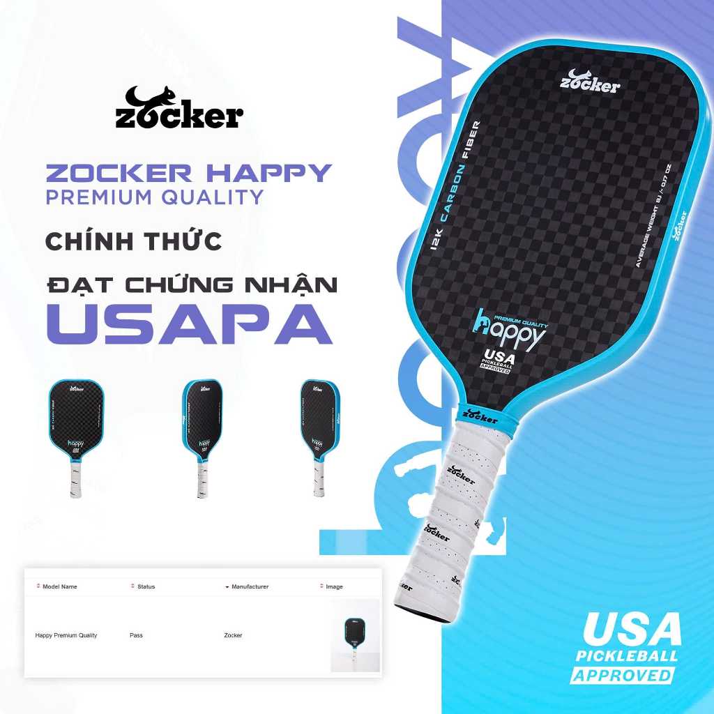 Vợt Pickleball Zocker Happy HP03 Premium Quality <Chất lượng cao cấp, mặt full Carbon 12K>