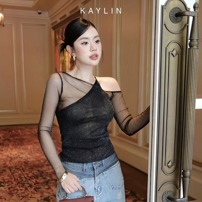 Áo kiểu KAYLIN tay dài chéo vai chất vải lưới kim tuyến óng ánh mỏng nhẹ phong cách gợi cảm - N2327
