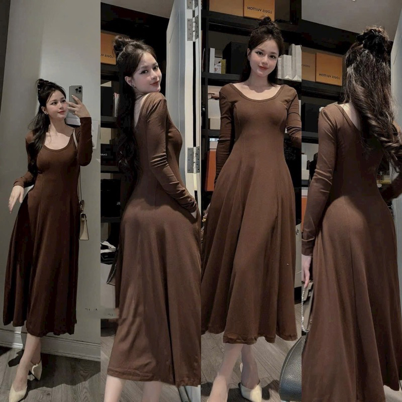 Đầm bầu len thu đông ấm áp cổ vuông thời trang