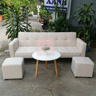 Bộ sofa ghế giường ( sofa bed thông minh) có tay vịn dài 1m9 màu kem sang trọng kèm bàn và ghế đôn nhỏ