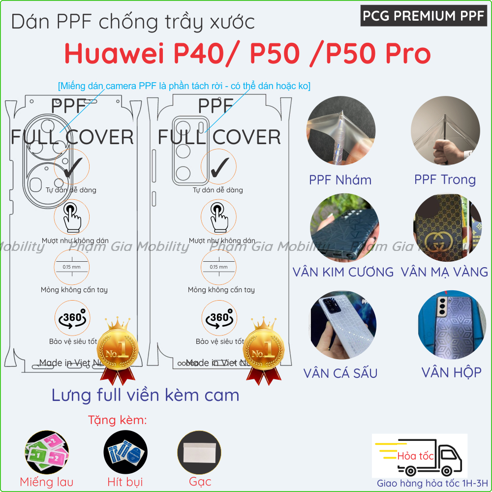 Dán PPF lưng full viền Huawei P40/ Huawei P50/ P50 Pro loại trong, nhám, hoạ tiết, vân kim cương