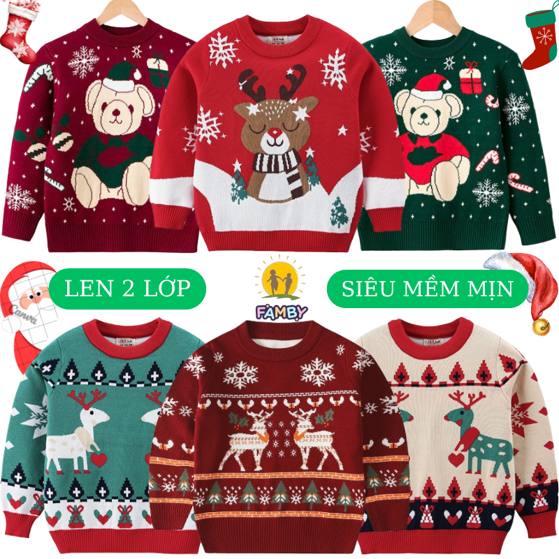  Áo len bé trai bé gái noel dày dặn mềm mịn FAMBY áo len đỏ giáng sinh họa tiết trẻ em 