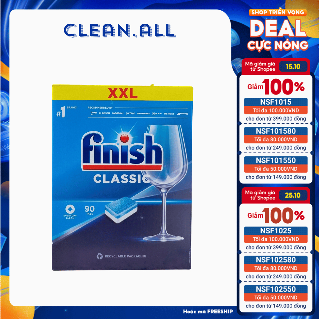 Viên rửa bát FINISH CLASSIC 90V  mẫu mới nhất nhập khẩu chính hãng Châu âu.