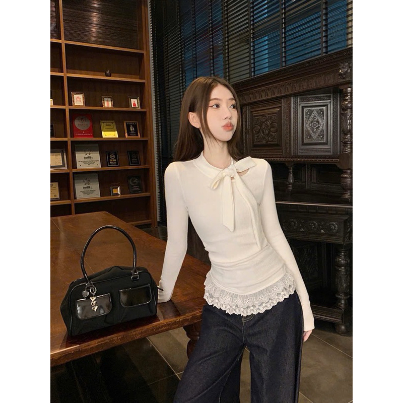 [ SẴN HÀNG - REN 2 LỚP] ÁO NỈ LÔNG DÀI TAY PHỐI VIỀN REN BUỘC NƠ CỔ HOTTREND - LYMZSTORE | BigBuy360 - bigbuy360.vn