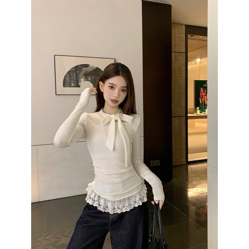 [ SẴN HÀNG - REN 2 LỚP] ÁO NỈ LÔNG DÀI TAY PHỐI VIỀN REN BUỘC NƠ CỔ HOTTREND - LYMZSTORE | BigBuy360 - bigbuy360.vn