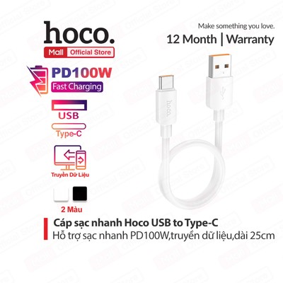 Cáp sạc nhanh PD100W Hoco X96 USB to Type-C hỗ trợ truyền dữ liệu dùng cho Android/Samsung/Huawei/ Xiaomi dài 25cm