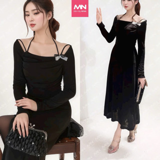 Đầm dự tiệc Mina dài tay dáng ôm midi quyến rũ sang trọng chất Thun Lazong màu đen - MN257