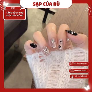   Đ184  Móng tay giả NGẮN bộ 24 móng form VUÔNG NGẮN sơn đen mắt mèo cá tính thu đông làm nail tại nhà cho nữ móng up 