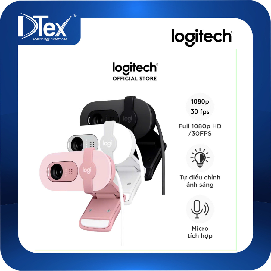 Webcam Full HD Logitech Brio 100 - Cân bằng ánh sáng, Mic, Màn chập, USB-A, Google Meet, Zoom