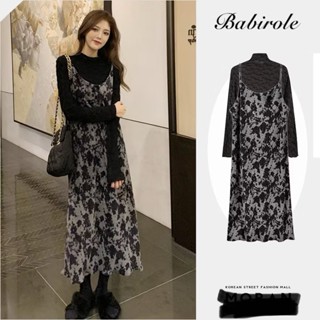   HÀNG SẴN  Set váy yếm hai dây MORAN dáng dài họa tiết hoa đen xám retro+ Áo thun cổ lọ dài tay  Kèm ảnh thật  VY211 