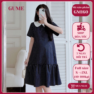 Váy bầu công sở bigsize đầm bầu công sở GuMe dáng suông mặc đi làm đi chơi xanh than kẻ sọc trắng GM160