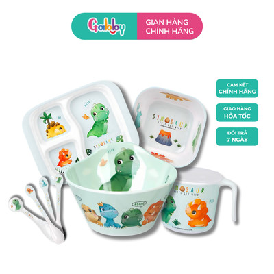 Bộ Đồ Dùng Ăn Uống Mesuca Khay, Tô, Dĩa, Bát, Muỗng Melamine Hình Khủng Long Dễ Thương Cho Bé