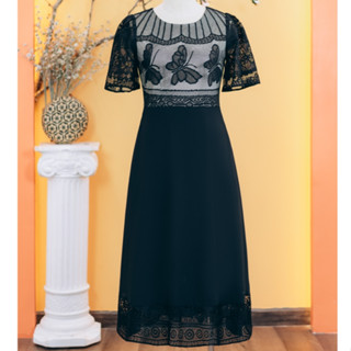 Đầm xòe - Cổ tròn tay ngắn phối ren - Màu Đen - TTV Store thời trang nữ TTV1752