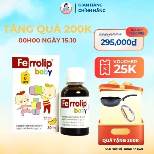 Sắt Ferrolip Baby dạng siro vị đào thơm ngon lọ 30 ml ngăn ngừa thiếu máu do thiếu sắt ở trẻ nhỏ