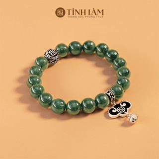 TINH LÂM Vòng Tay Phong Thủy Cẩm Thạch Xanh 8 Li - Charm Bạc Lục Lạc