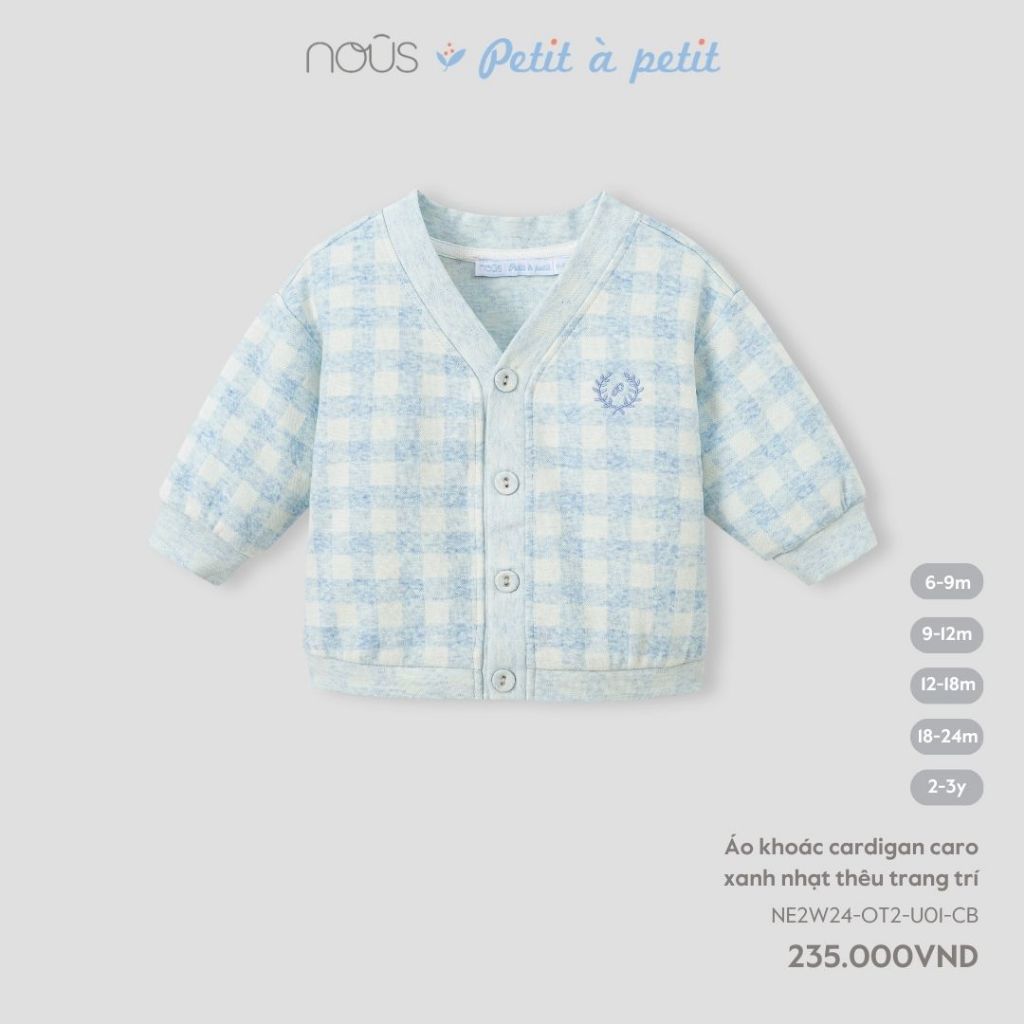 Nous Baby áo khoác cardigan Nous kẻ xám, xanh chất liệu Nu Velours ấm áp an toàn cho bé trai, bé gái BST T10