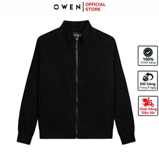 Áo khoác nam Owen JK241484 Jacket cổ đứng màu đen họa tiết chữ in vải poly cao cấp dáng suông có khóa kéo túi