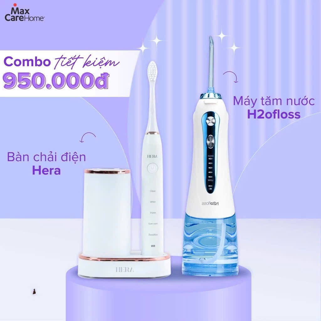 COMBO Bàn chải điện sóng siêu âm Maxcare Hera Whitening + Máy tăm nước cầm tay H2ofloss HF-9P