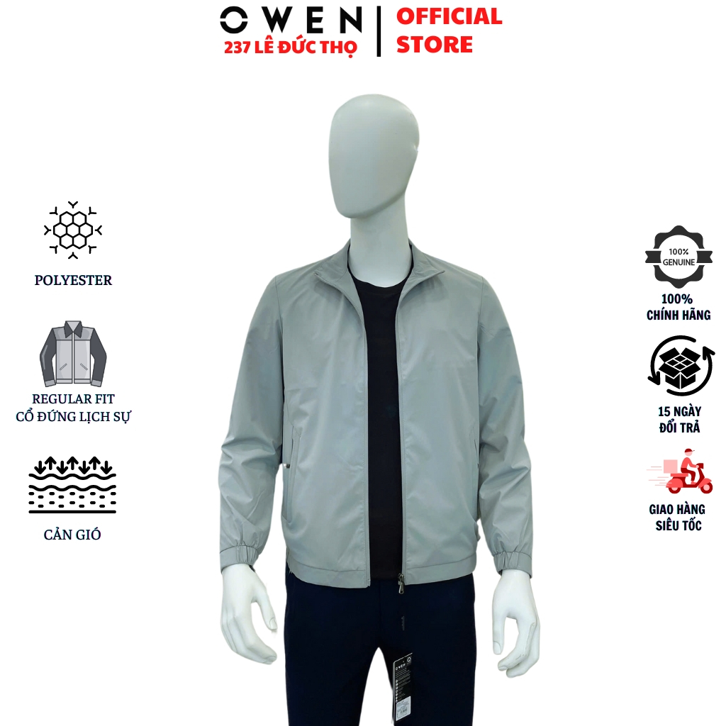 Áo khoác nam Owen JK241483 Jacket cổ đứng chất nylon cao cấp màu xám nhạt dáng suông khóa kéo túi