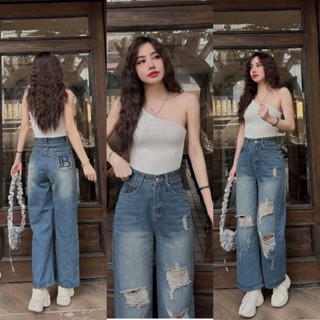 ( Suông Nấm Lùn 38-69 kg) Quần Jean Nữ Rách, Quần Bò Nữ Rách Thời Trang Thêu Chữ IB Chất Mềm, Dẽ Phối Đồ MS 212