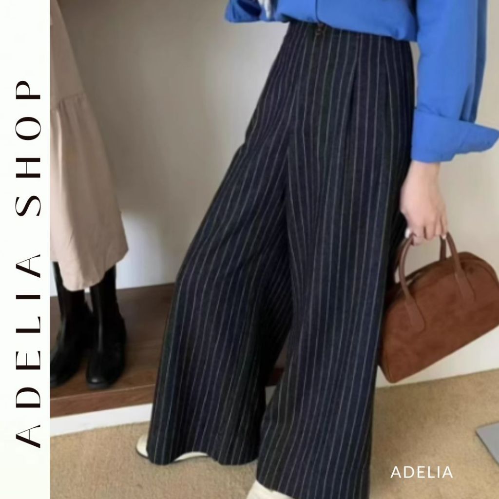 「ADELIA」Quần Jeans Kẻ Cạp Cao Ống Suông Rộng Hàn Quốc 2 Màu Kẻ TD542