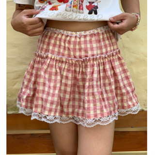 ( Váy cotton có quần ) Chân váy xoè ren hoạ tiết caro y2k màu đỏ đáng yêu Unnie Váy caro đỏ viền ren lolita