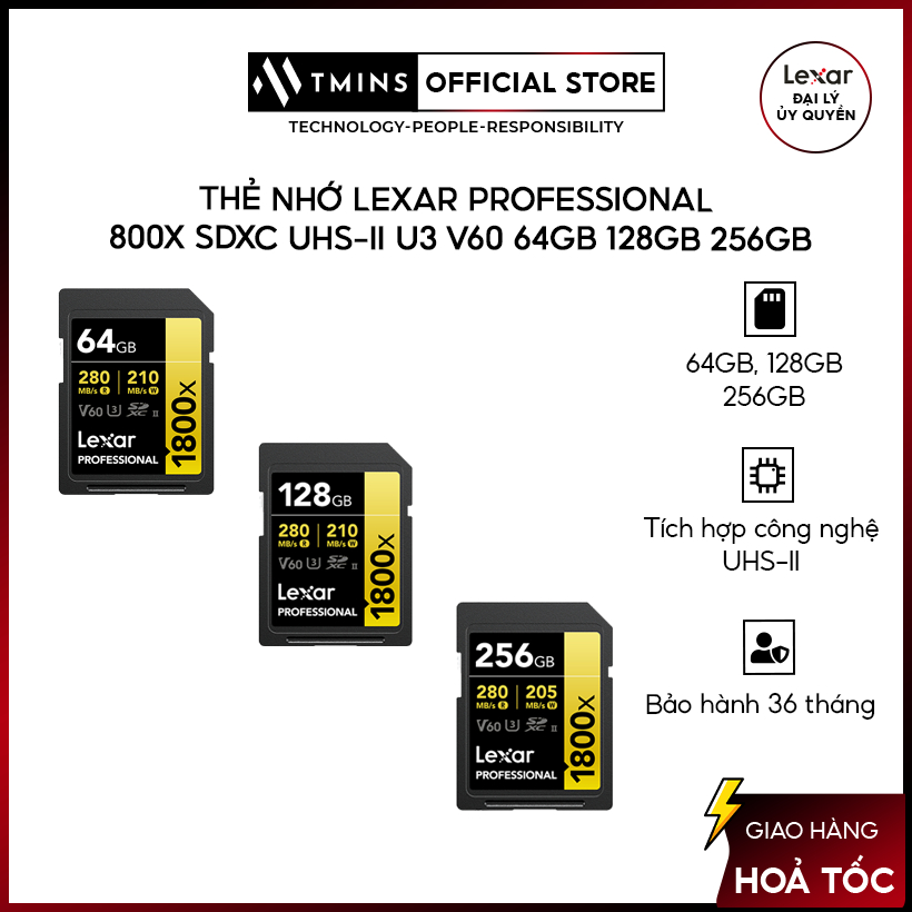 Thẻ nhớ Lexar Professional 1800x SDXC UHS-II U3 V60 64GB 128GB 256GB - Hàng chính hãng