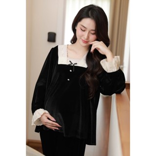 Bộ đồ bầu thu đông, bộ bầu sau sinh Sohee chất nhung mềm phối cùng cổ ren chất thô boi thiết kế BY L'AMME