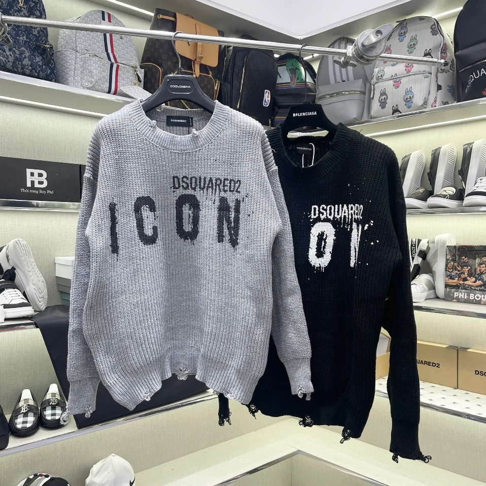  Áo sweater len nam nữ DSQ vải len dệt in chữ ICON loang ngực phối rách gấu dày dặn cao cấp boy phố AN72P 