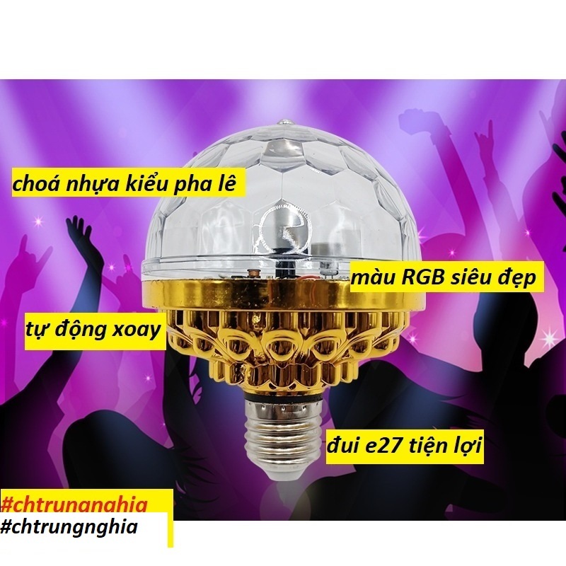 Đèn Led Cầu Xoay RGB Pha Lê 7 Màu Đế Vàng Chui E27