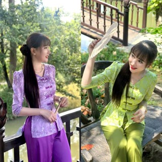 SÉT BỘ ÁO KÈM QUẦN BÀ BA CỔ TIM NHÚN VAI TAY LỠ CHẤT VẢI GẤM TƠ TẰM 2 DA ĐỦ SIZE